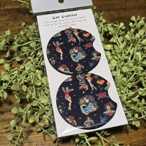 Vintage Pin-Up Girls Floral Car Coaster Set - Black Background